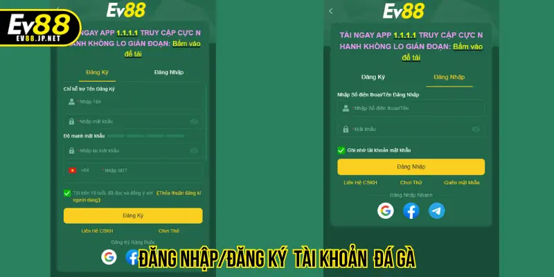 Đăng nhập/đăng ký tài khoản đá gà 